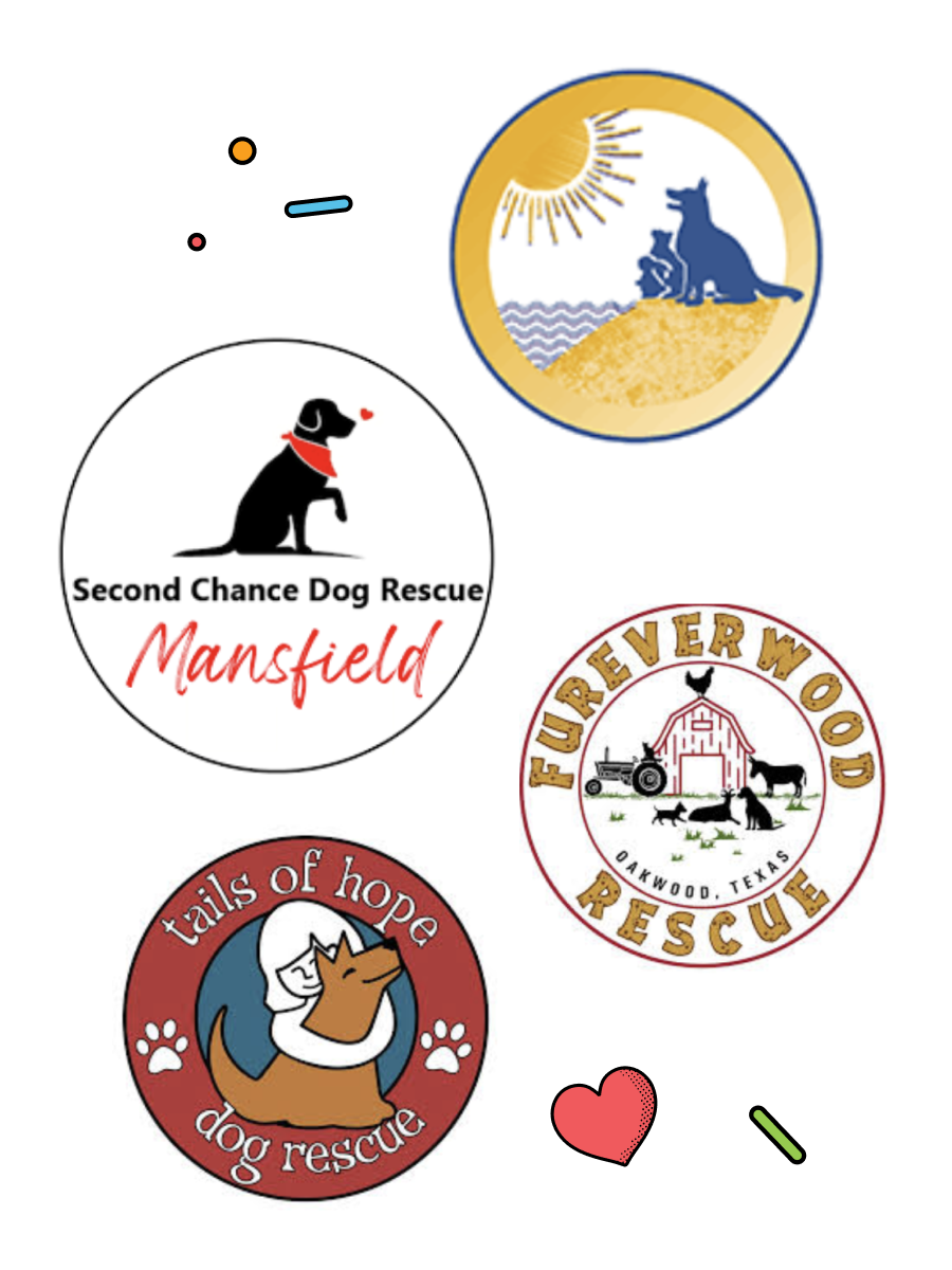Four dog rescue logos with various designs and text.