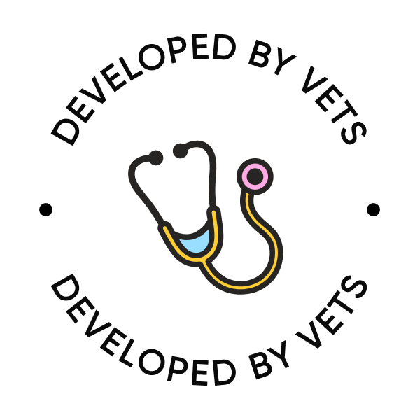 A circular badge reading 'Developed by Vets' with an illustrated stethoscope in yellow, blue, and pink at the center.