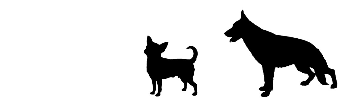 Black silhouettes of a small dog and a large dog against a white background.