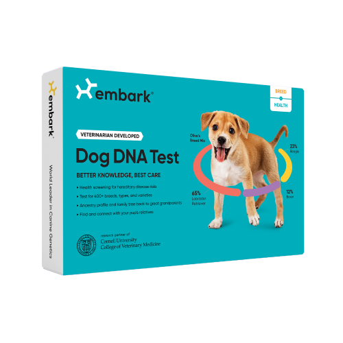Embark Dog DNA Test kit box in teal and white, featuring a mixed-breed puppy and callouts for breed identification and health screening.