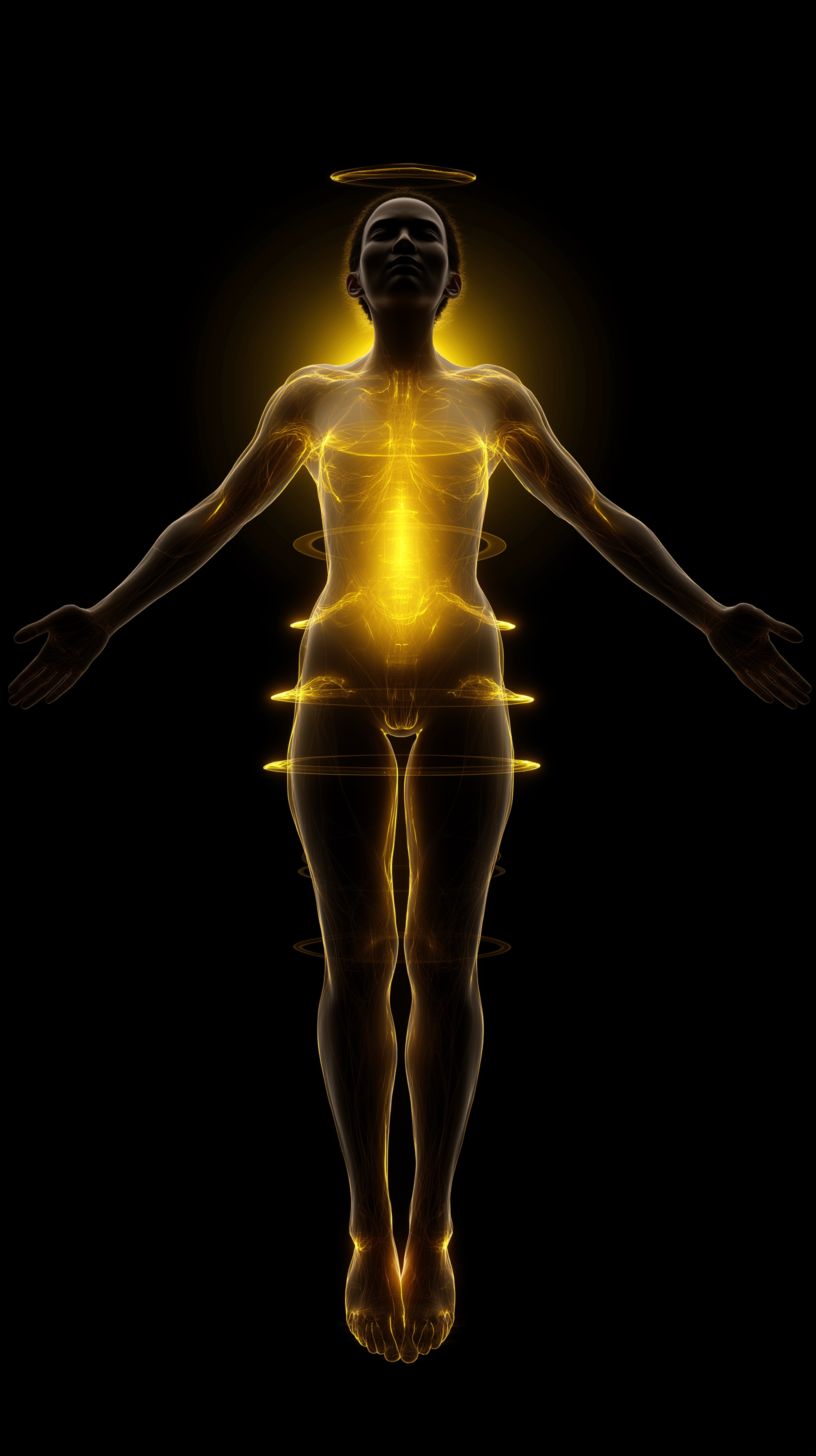 Glowing human figure with halo and yellow light on black background.