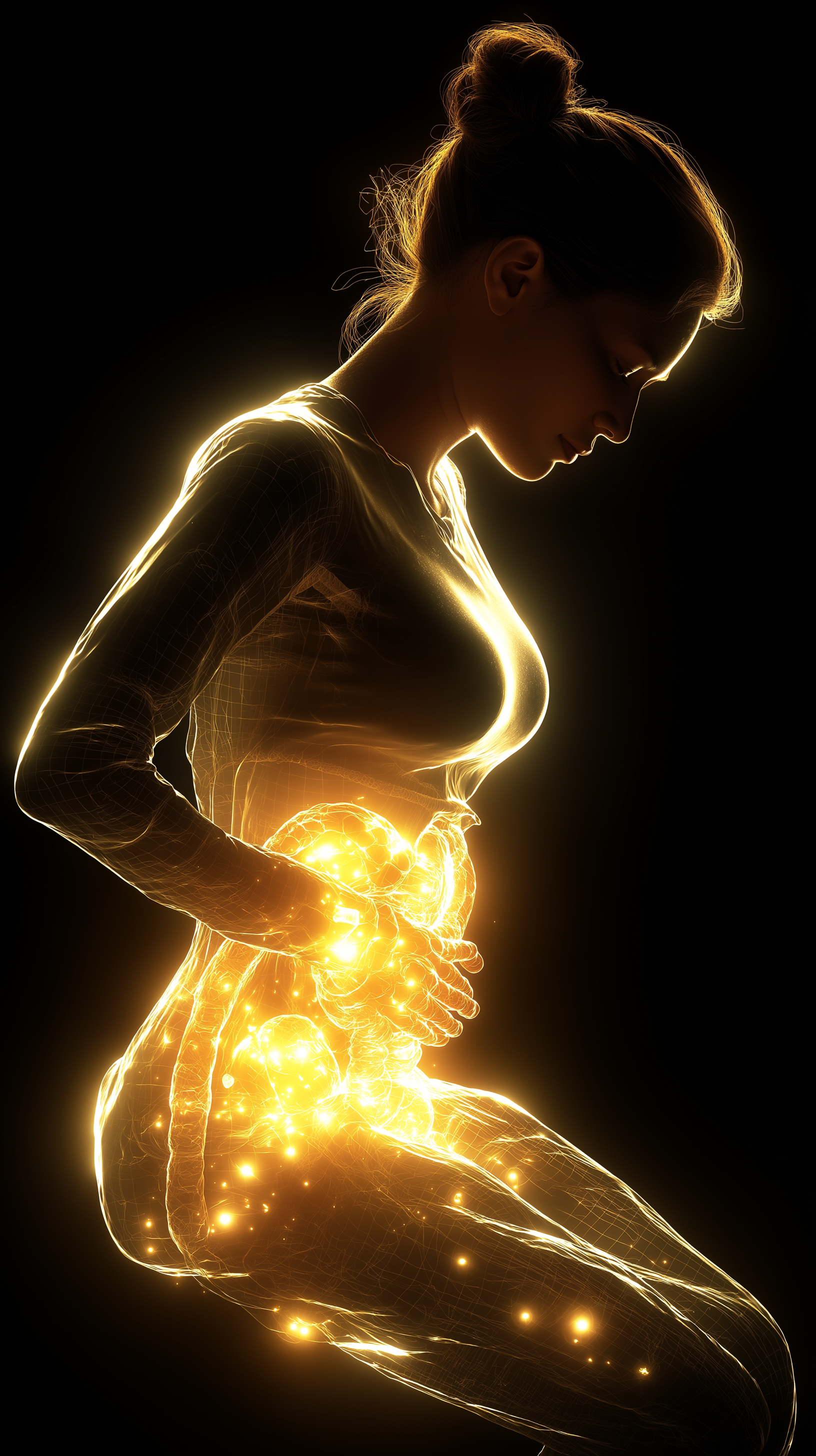 Silhouette of a woman with glowing internal organs, highlighting the digestive system.