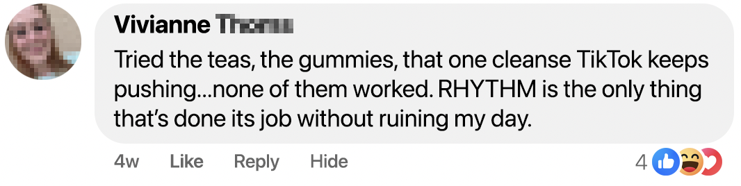A Facebook comment praising a product called RHYTHM over teas and gummies.