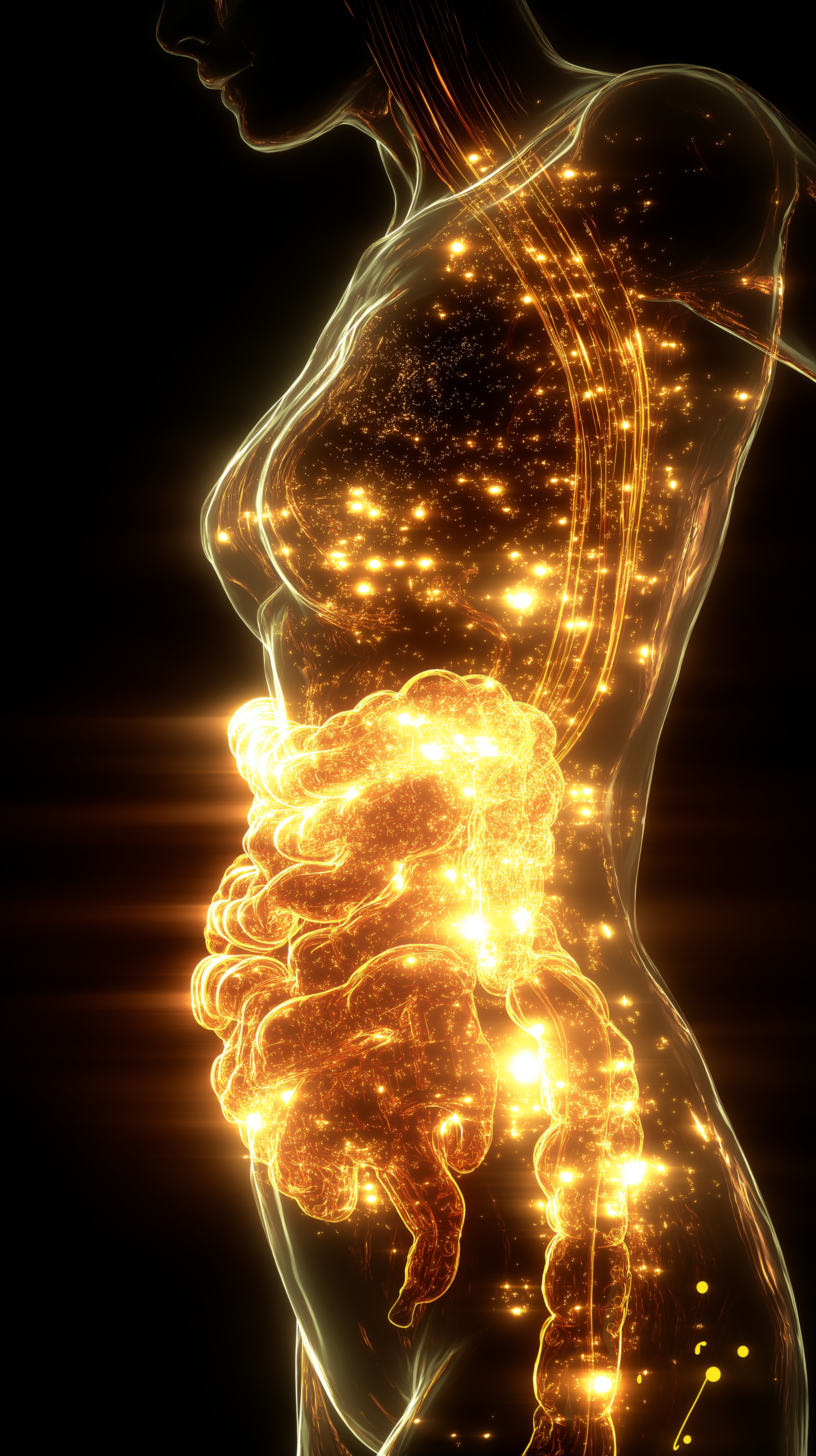 Glowing human silhouette with illuminated digestive system on a dark background.