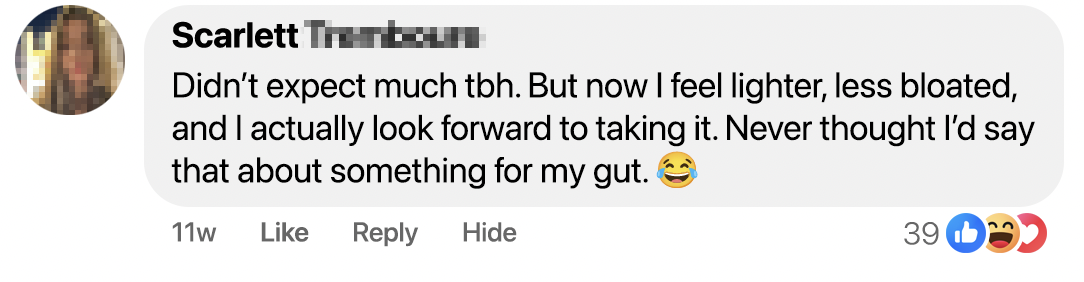 Social media comment about feeling lighter and less bloated, with laughing emoji reactions.