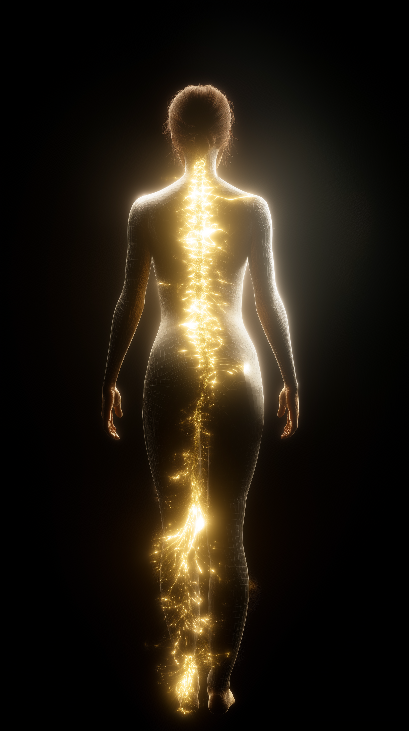Silhouette of a person with glowing golden energy along the spine.