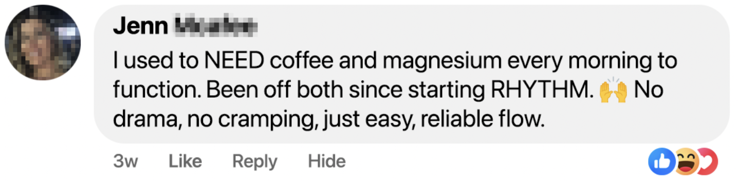 Social media comment about quitting coffee and magnesium, mentioning RHYTHM.