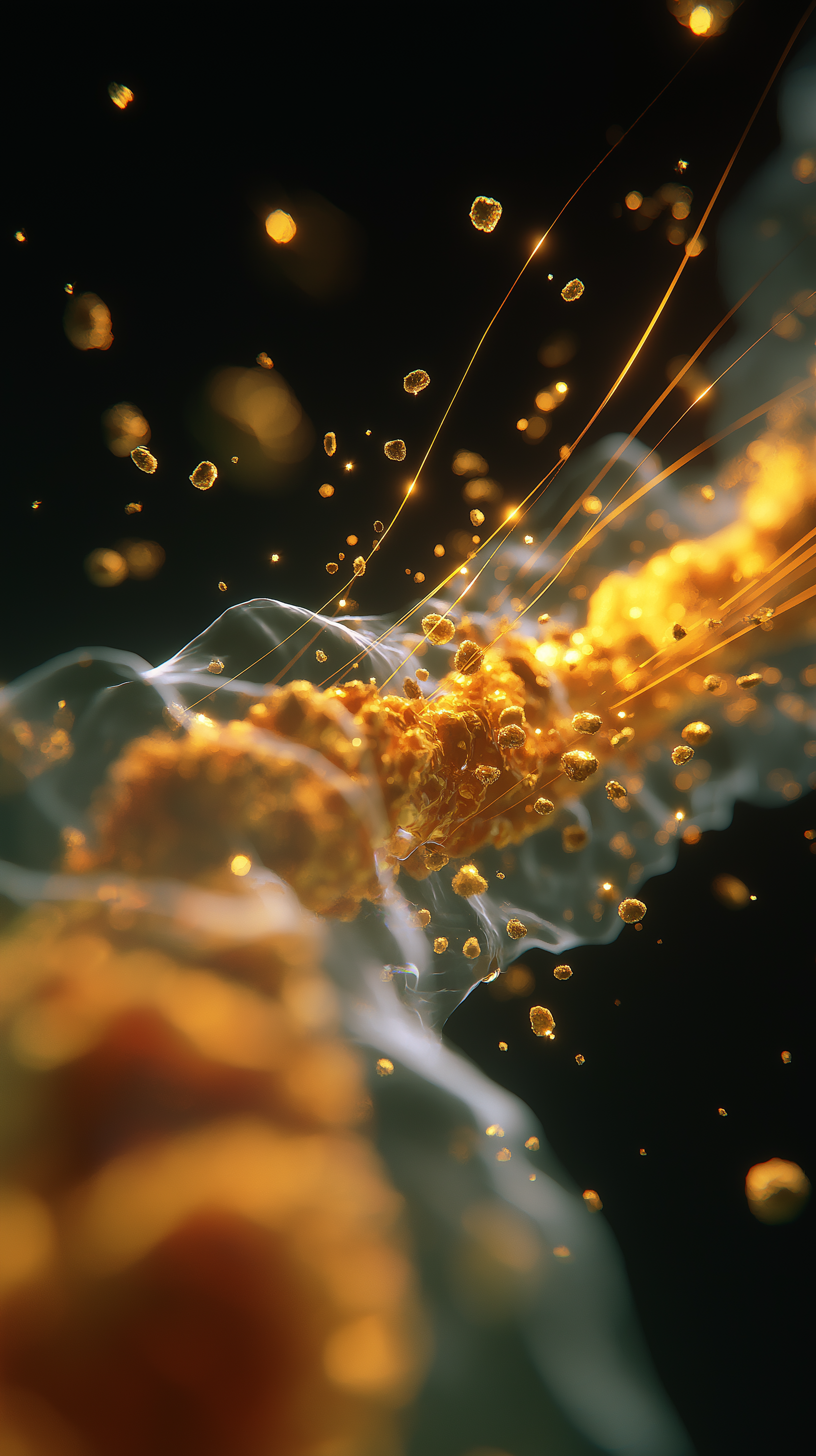 Abstract image of glowing orange particles and lines on a dark background.