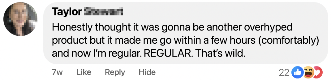 Social media comment praising a product for improving regularity.