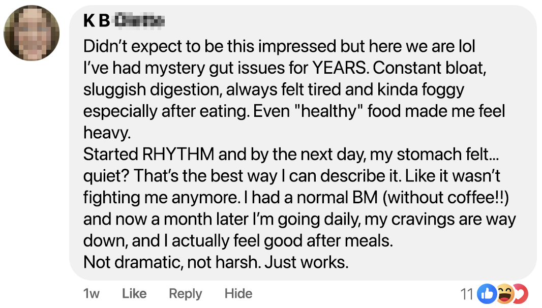 A Facebook comment about improved digestion and reduced cravings after using a product called RHYTHM.