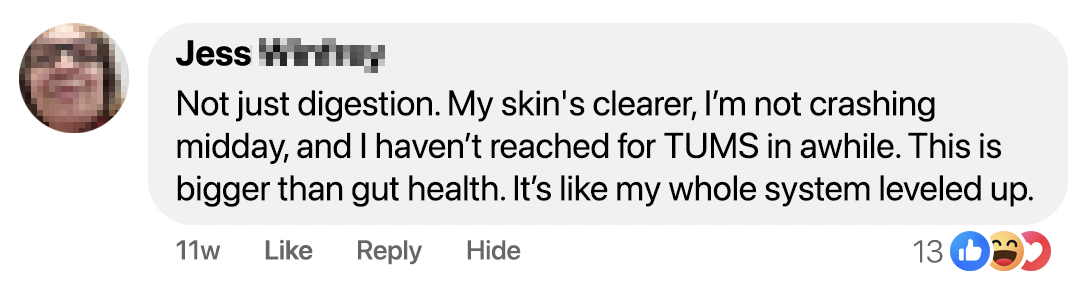 A Facebook comment praising health improvements, with reactions and a pixelated profile picture.