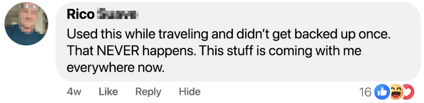 Social media comment praising a product for reliability while traveling.