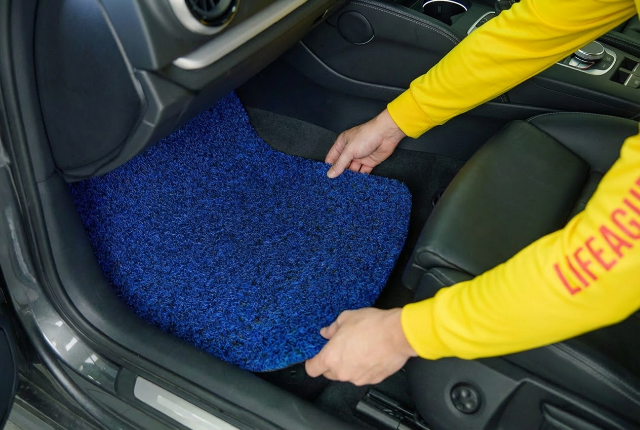 A person in a yellow shirt installs a bright blue textured floor mat in a car.