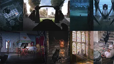 Collage of various scenes featuring cats in different settings, including indoors and outdoors.