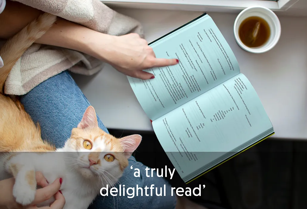 A woman pointing to a page of Thunderpaws showing the formatting, while a cat looks up to the camera, with the quote “a truly delightful read.”