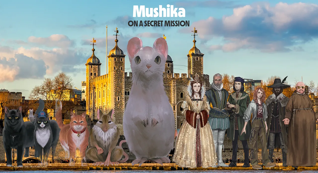 The main cast of Thunderpaws and the Tower of London stood outside the Tower in a line. This image shows Mushika, a white mouse with a disco coloured tail – with the title On A Secret Mission