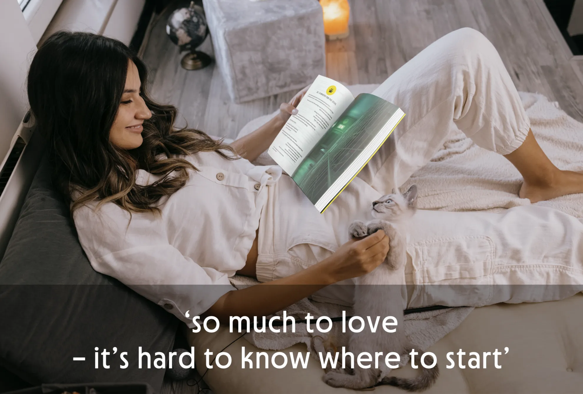 Woman reading a book while petting a cat, with text overlay at the bottom.