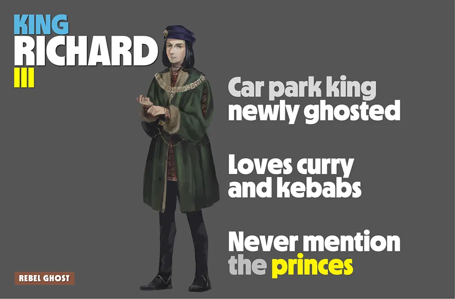 Illustration of King Richard III with humorous text about modern preferences.