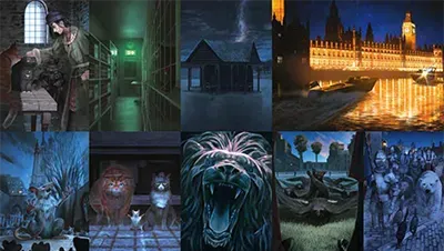 Collage of fantasy and night scenes, including animals, buildings, and mystical landscapes.