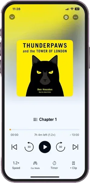 Smartphone screen showing audiobook 'Thunderpaws and the Tower of London' with a black cat cover.