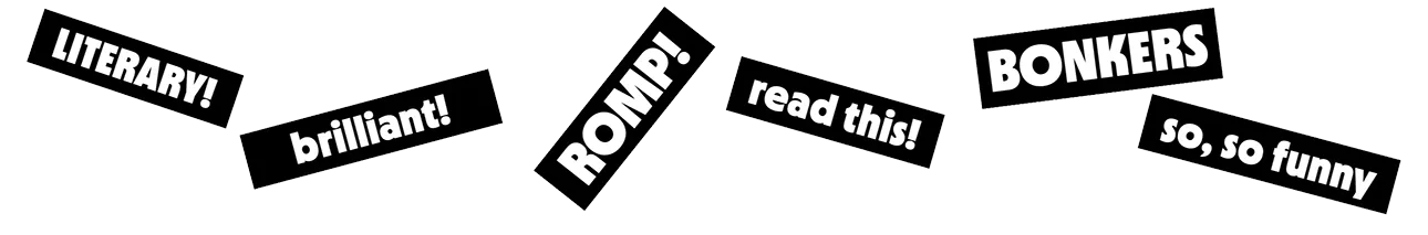Selection of reviewer comments in the style of newspaper cut outs: Literary! / Brilliant! / Romp! / Read this! / Bonkers / So, so funny