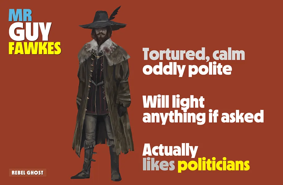 Illustration of a character in a hat and coat with descriptive text on a red background.