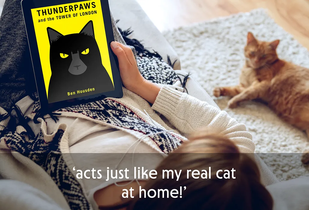Woman reading Thunderpaws on a tablet with a ginger cat lying nearby, with the quote “acts just like my real cat at home!”
