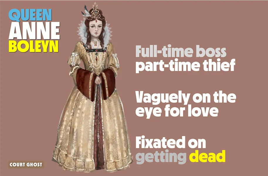 Illustration of a woman in historical dress with humorous text about her character.