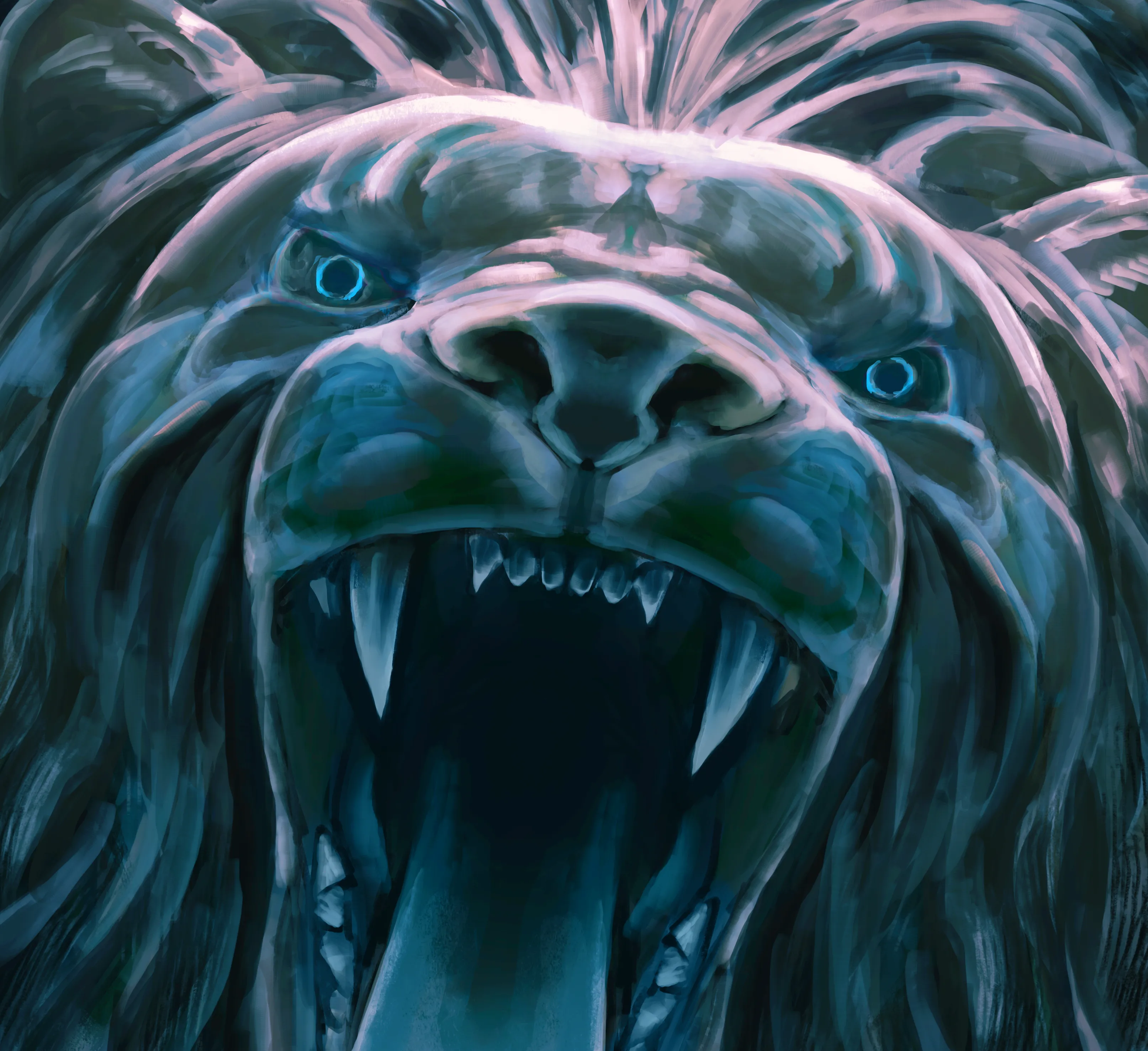 Illustration of a roaring lion with glowing blue eyes and sharp teeth.