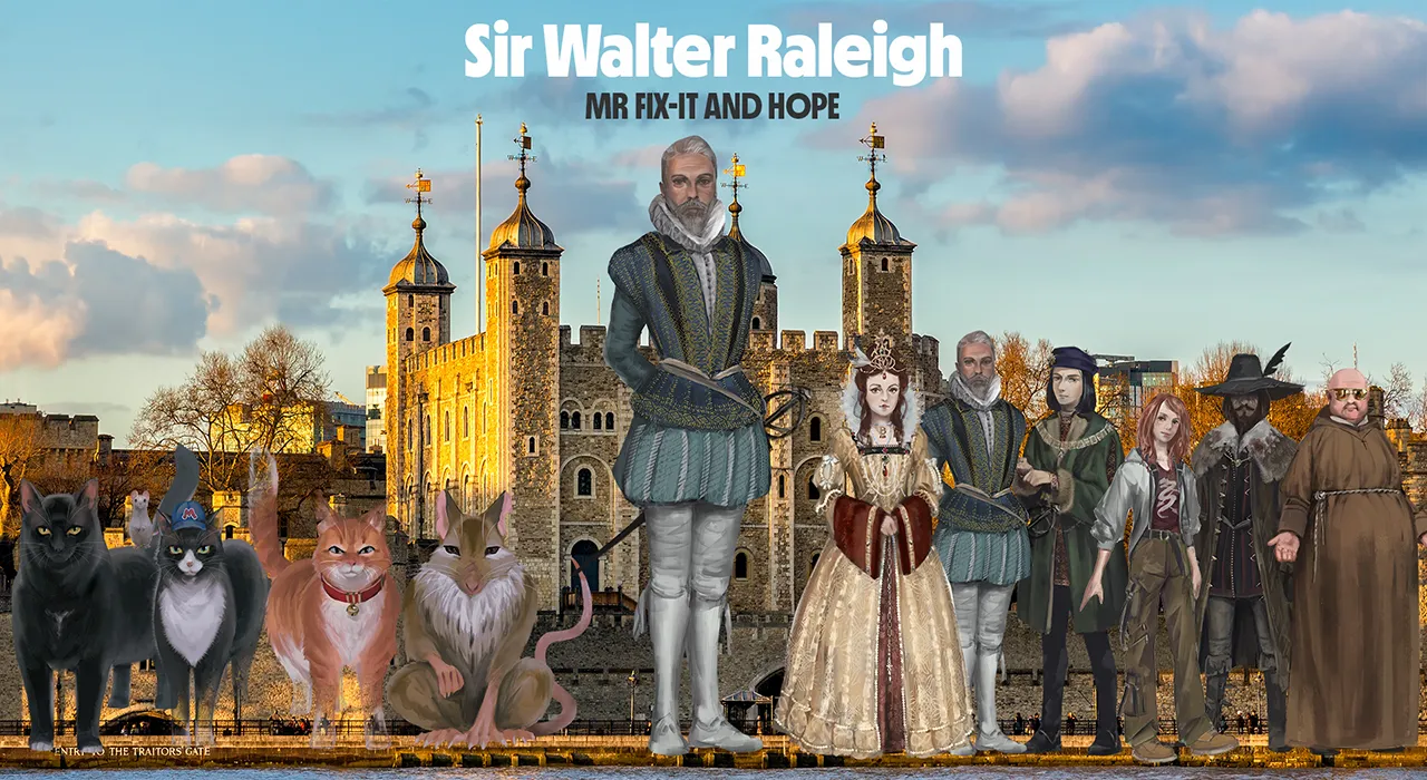 The main cast of Thunderpaws and the Tower of London stood outside the Tower in a line. This image shows the ghost Sir Walter Raleigh – with the title Mr Fix-It And Hope