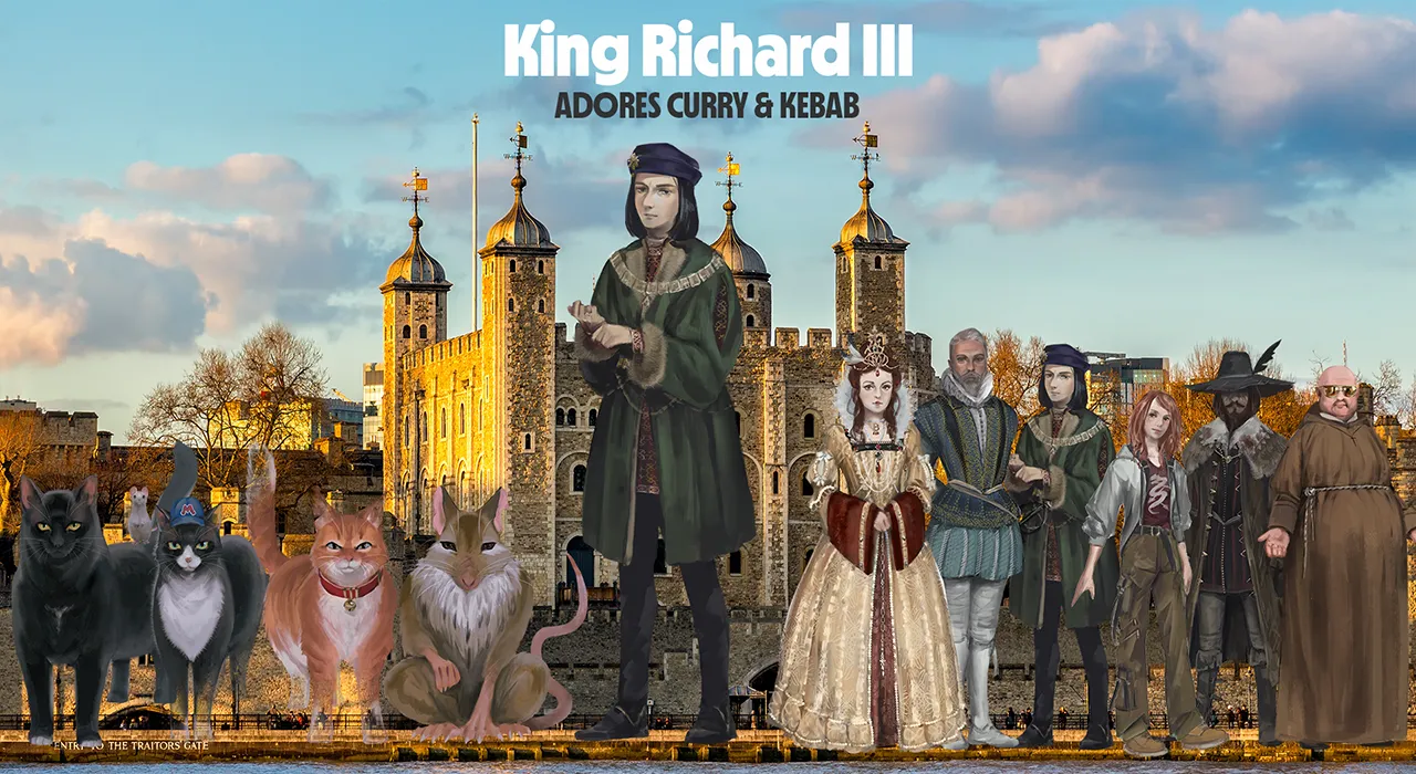 The main cast of Thunderpaws and the Tower of London stood outside the Tower in a line. This image shows the ghost King Richard III – with the title Adores Curry & Kebab