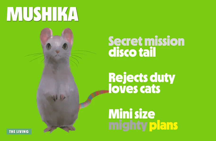 Illustration of a mouse with text about its characteristics on a green background.