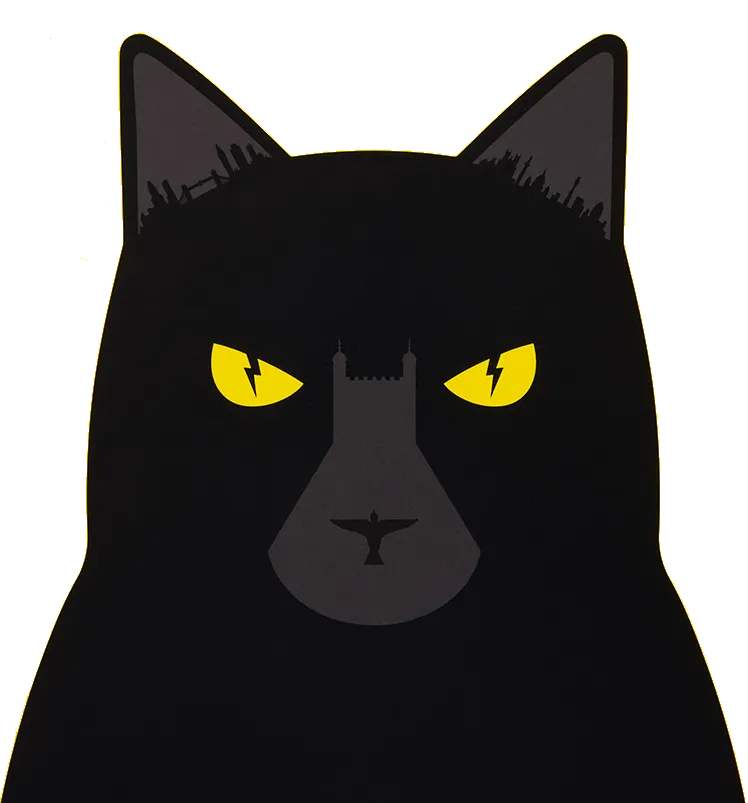 Illustration of a black cat with yellow eyes on a yellow background.