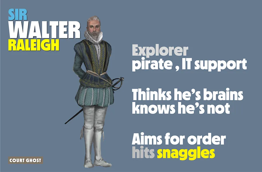 Illustration of a historical figure with humorous text about exploration and IT support.