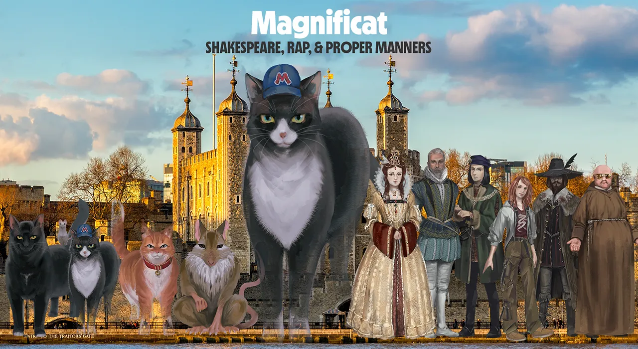 The main cast of Thunderpaws and the Tower of London stood outside the Tower in a line. This image shows Magnificat, a black white ghost cat with a baseball cap on – with the title Shakespeare, Rap & Propper Manners