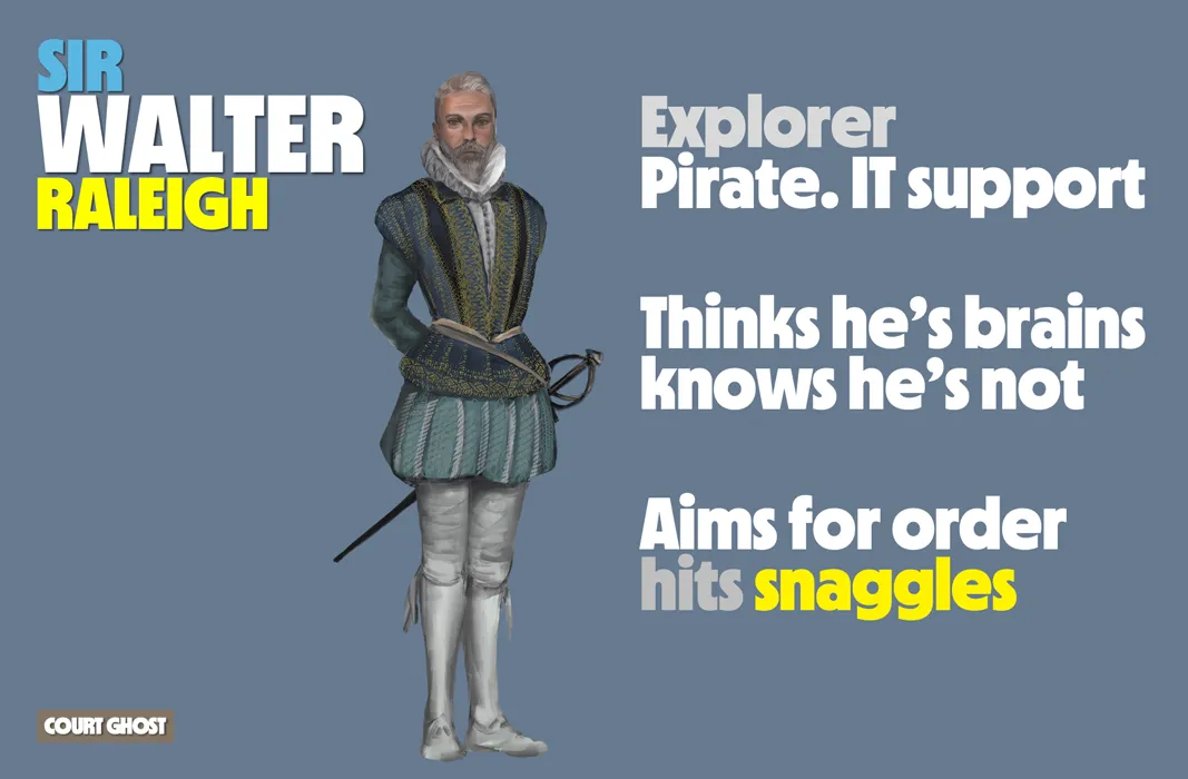 Illustration of a historical figure with humorous text descriptions.