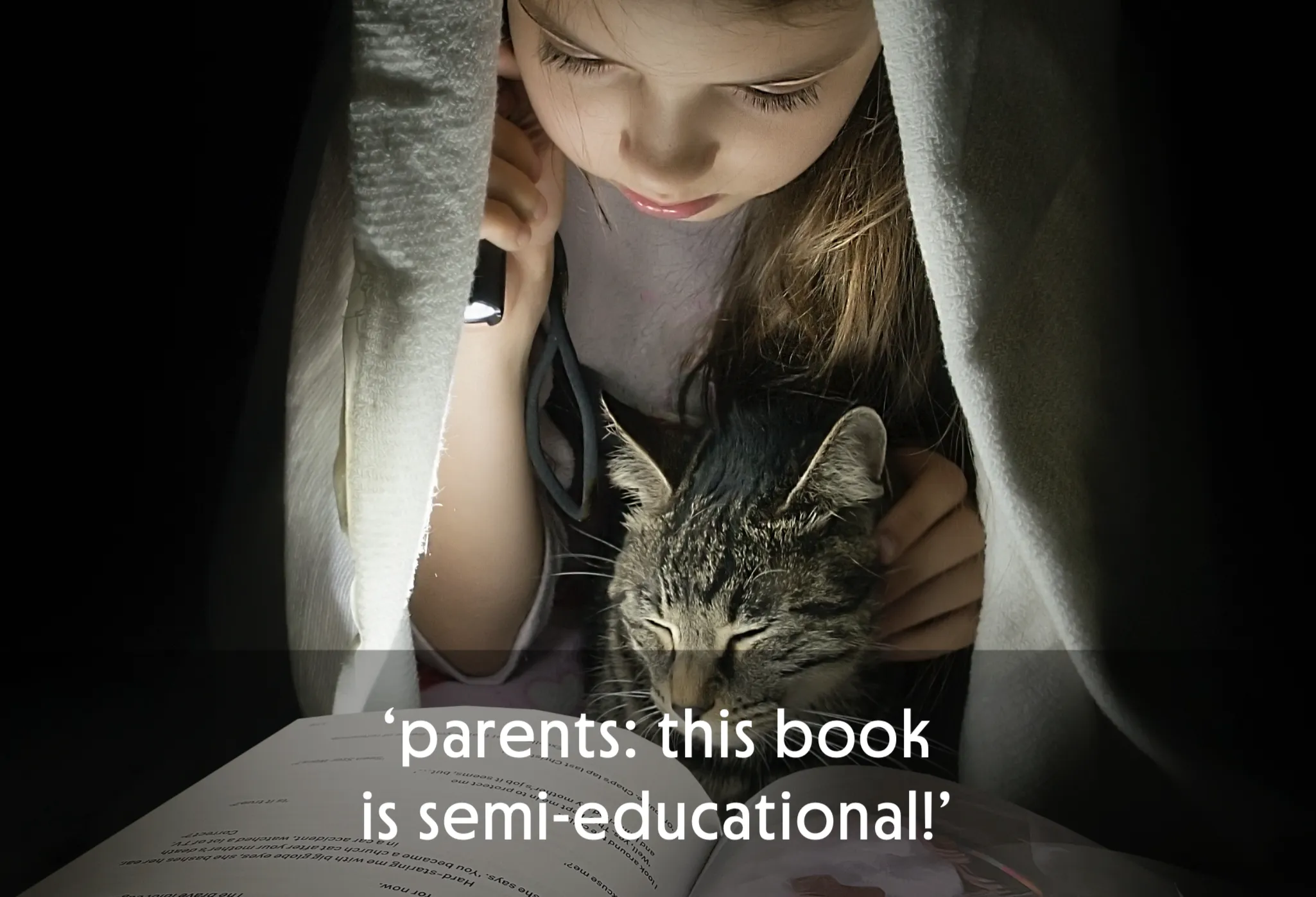 Child reading under a blanket with a cat, holding a flashlight.