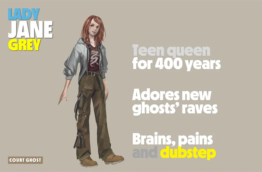 Illustration of Lady Jane Grey with text about her as a ghostly teen queen.