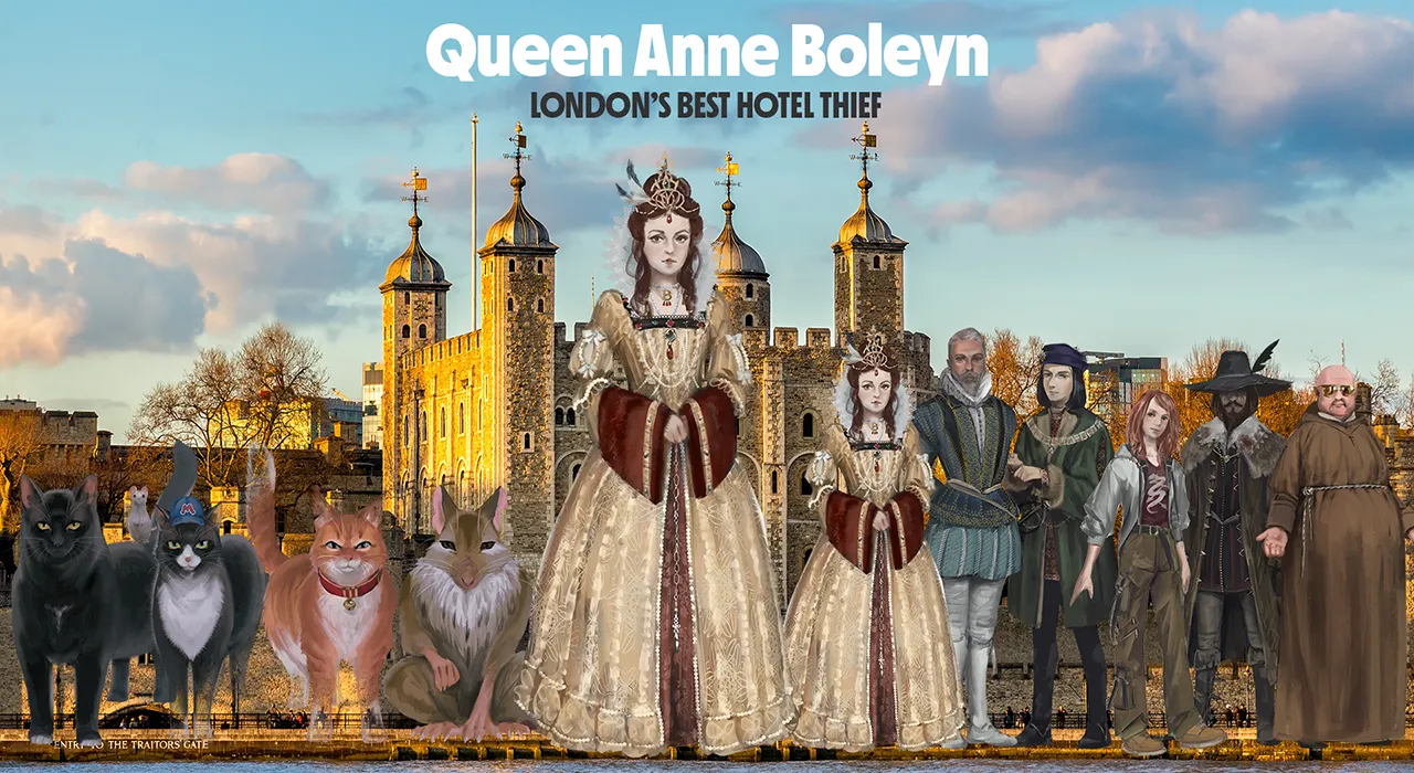 The main cast of Thunderpaws and the Tower of London stood outside the Tower in a line. This image shows the ghost Queen Anne Boleyn – with the title London’s Best Hotel Thief