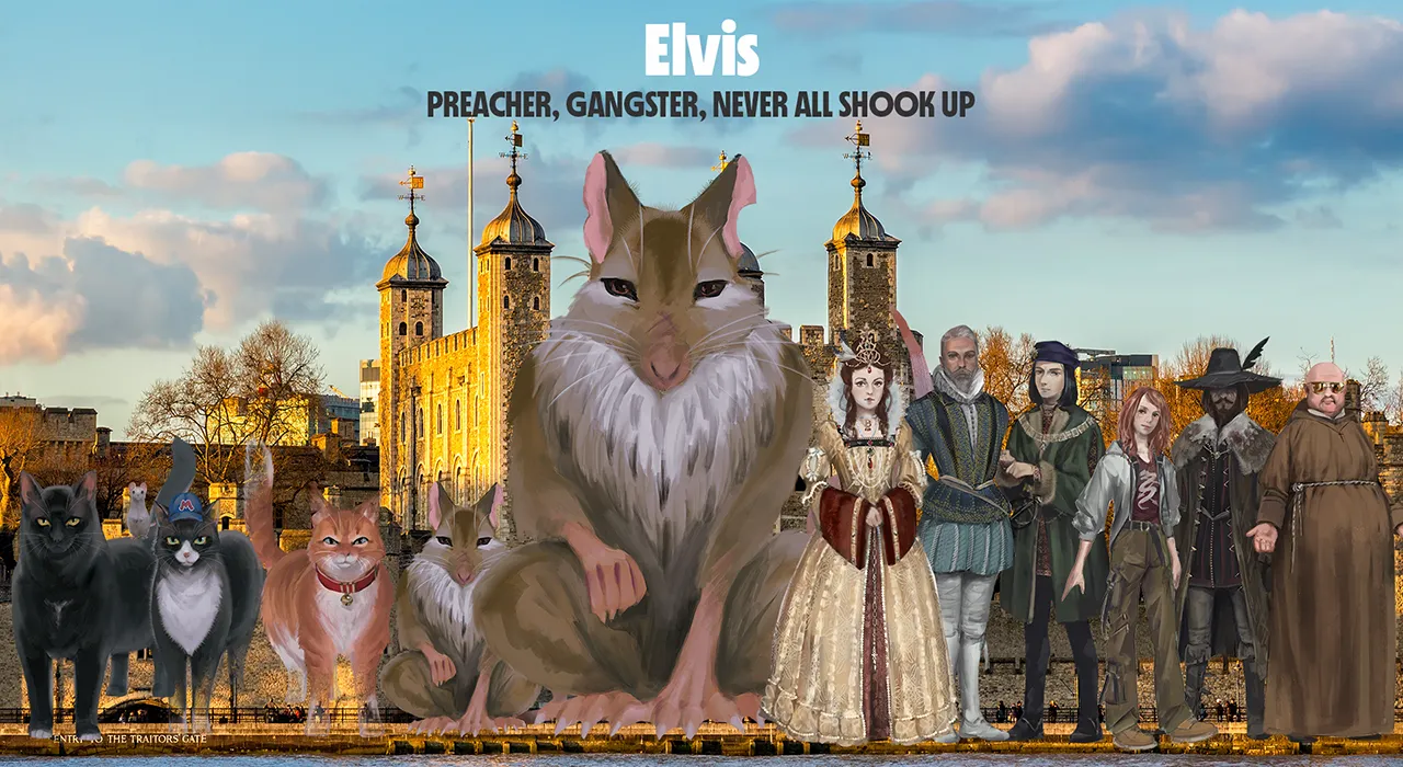 The main cast of Thunderpaws and the Tower of London stood outside the Tower in a line. This image shows Elvis, a giant pouch rat – with the title Preacher, Gangster, Never All Shook Up