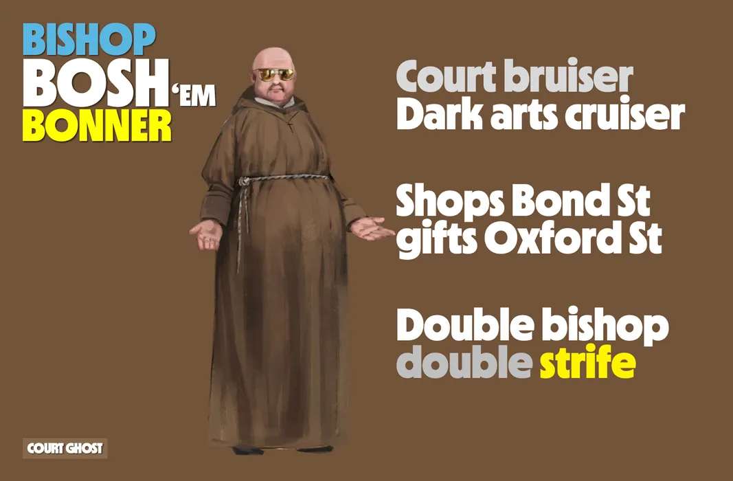 Illustration of a monk in sunglasses with text about a bishop.