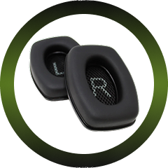 Two black headphone ear cushions on a circular green background.