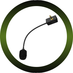 A black gooseneck microphone with a 3.5mm plug on a circular green gradient background.