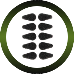 Ten black teardrop shapes on a white background inside a green circle.