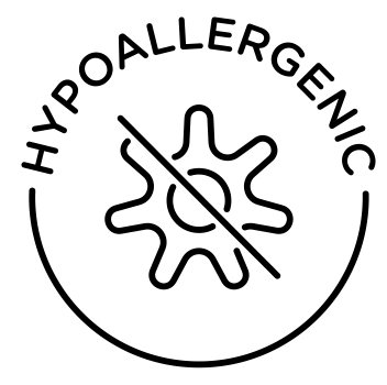 Hypoallergenic symbol with a crossed-out abstract shape.