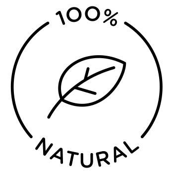 A black outline of a leaf with '100% Natural' text in a circle.