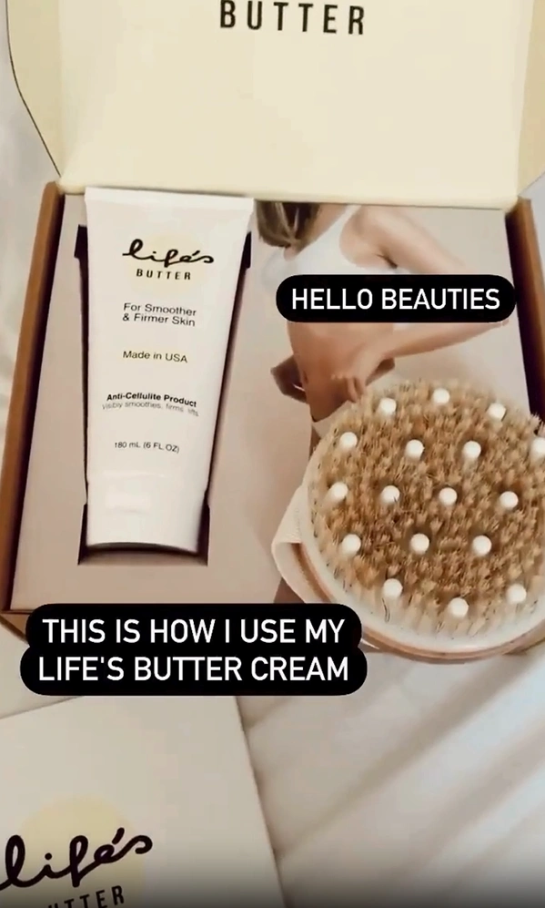 Box with Life's Butter cream and a body brush.