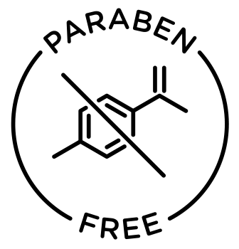 'Paraben-free symbol with a crossed-out chemical structure inside a circle.'