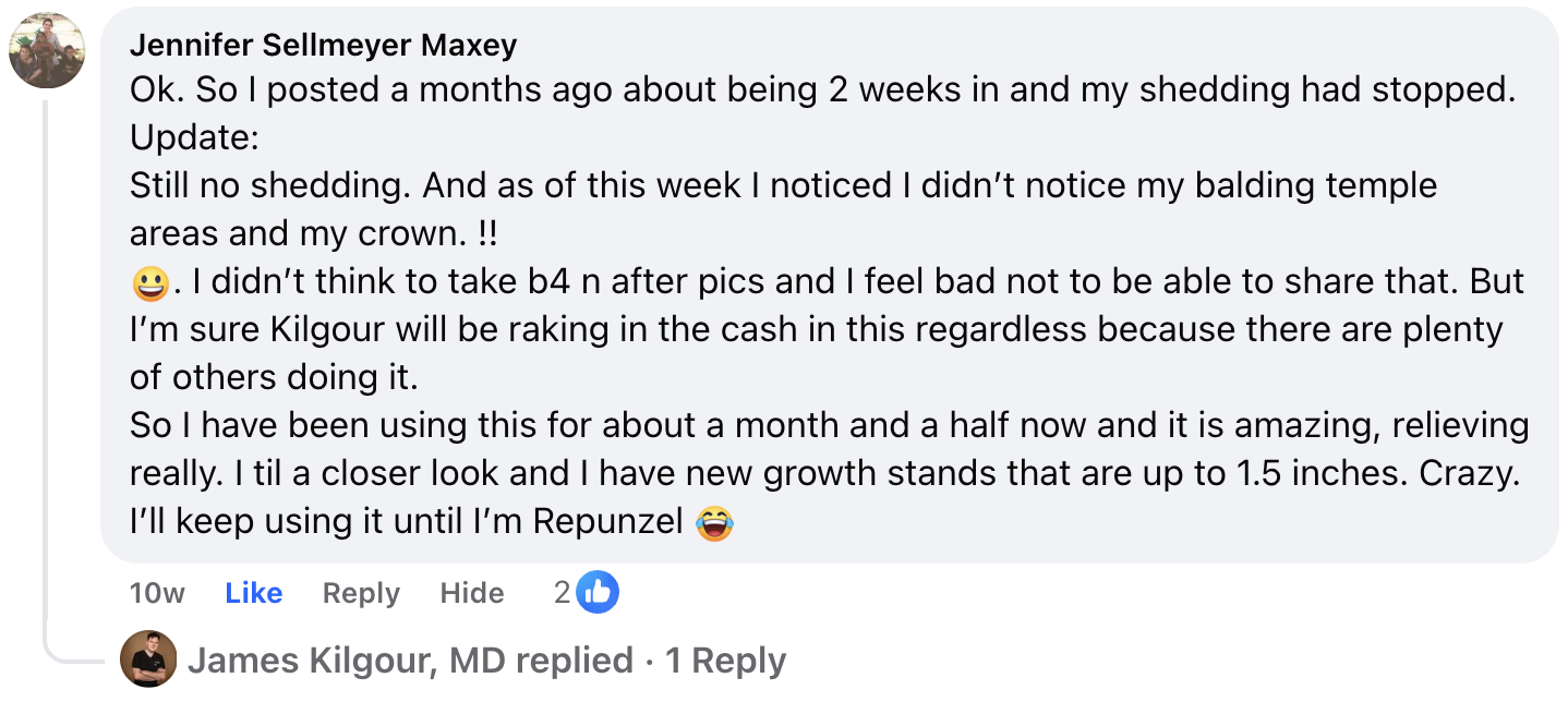 A screenshot of a positive Facebook comment about hair growth and stopped shedding.