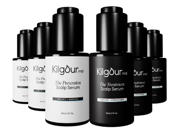 Multiple Kilgour md scalp serum bottles, black and white labeled.